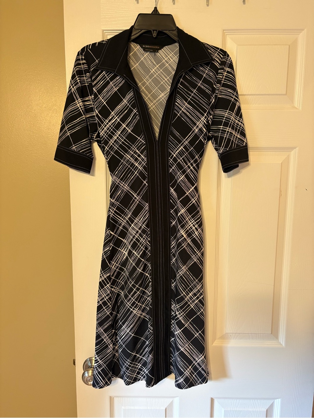 BCBGMaxAzria Black and White Plaid Zip-Front Midi Dress